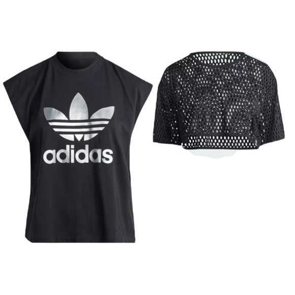 Adidas Big Logo Sleeveless Shirt Mesh Crop T-shirt Duo Black Women’s Medium - Picture 2 of 14